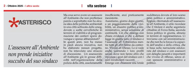 ASTERISCO L’assessore all’Ambiente non prende iniziative succubo del suo sindaco