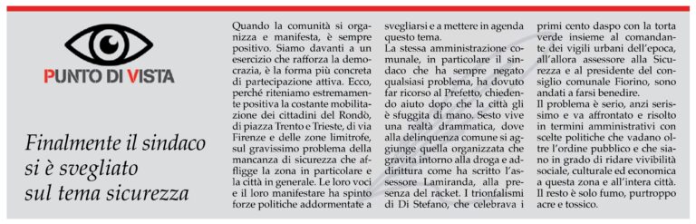 IL PUNTO DI VISTA: Finalmente il sindaco si è svegliato sul tema sicurezza